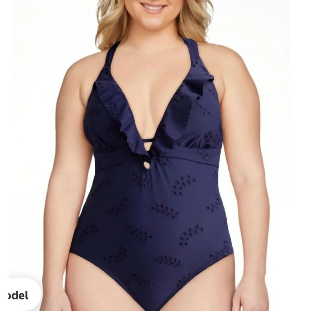 Time and Tru NWT navy eyelet halter one piece swimsuit small